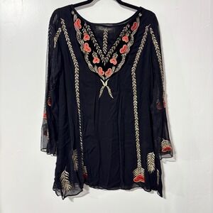 Vintage Collection‎ Black Sheer Embroidered Heart Tunic Top Size Small Boho